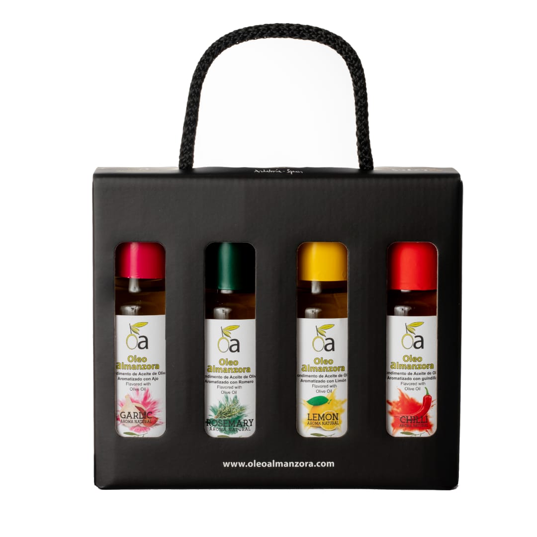 EXCLUSIVE PACK OF FOUR FLAVORED EXTRA VIRGIN OLIVE OILS.
